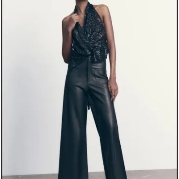 ZARA The Patch Pockets Marine Straight Faux Leather Pants BLACK 4 Ankle Crop - Picture 9 of 15